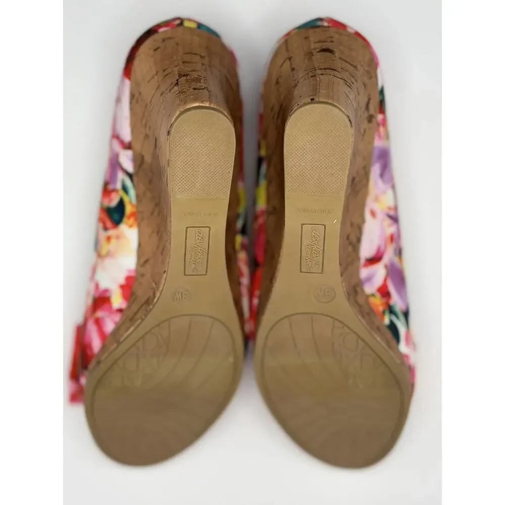 Dexflex Comfort Floral Cork Wedge Peep Toe Pumps Women's Size 8W Pink Bow Shoes